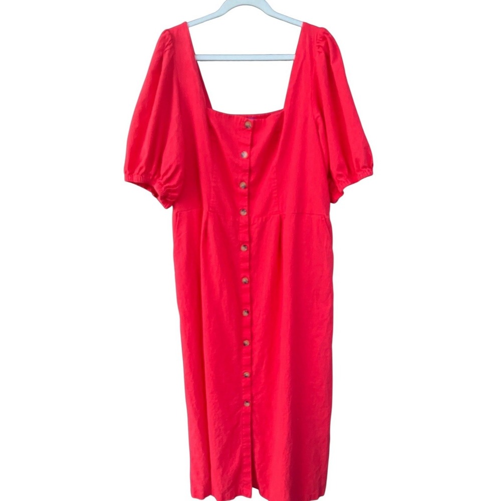 Old Navy Linen Blend Midi Dress XXL Tall Coral Red Button Front Puff Sleeve Fall